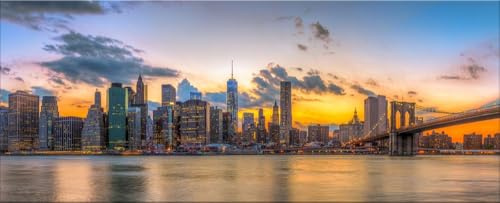 artissimo Glasbild 125x50 cm Bild New York Skyline AG5421A – modernes Panorama Bild aus Glas, großes Wandbild XXL Querformat, Wanddeko Wohnzimmer Stadt Brooklyn Bridge Sonnenuntergang