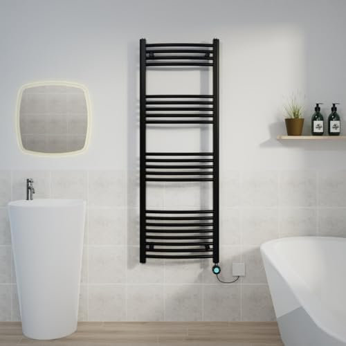 Warmehaus Electric Heated Towel Rail Curved Black Thermostatic Bathroom Towel Radiator with Timer Prefilled - 1400x500mm 800W