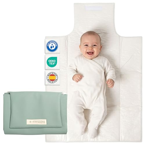 MIMUSELINA Wickelunterlage Unterwegs für Babys | Leicht und Wasserfest | Außen 100% Baumwolle, Innen Waschbar und BPA-frei | Faltbar mit praktischem Verschluss