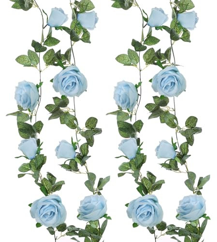Felice Arts Künstliche Blumengirlande, 3,5 m, künstliche Rosenranke, hängende Rosengirlande für Hochzeit, Blumen, Tischdekoration, Arrangement, Zimmer, Babyparty, Tipi, Spiegeldekoration, Hellblau, 2