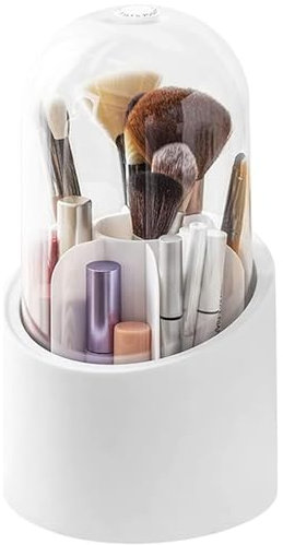 Organizador de Brochas Cosméticas, Soporte para Brochas Giratorio 360° Almacén para Brochas con Tapa, Organizador de Brochas de Maquillaje Blanco, para Tocador, Dormitorio, Baño, Oficina