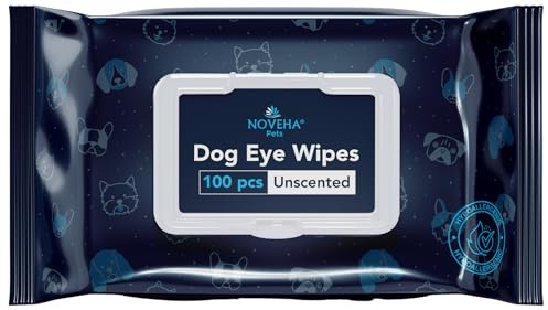NOVEHA 100PCs Dog Eye Wipes - Tear Stain Remover for Dogs - Formulated with Chamomile and Aloe to Remove Eye Debris, Tear Stains & Eye Discharge - Plant Based, Safe, and Large 5x5 Unscented Wipes