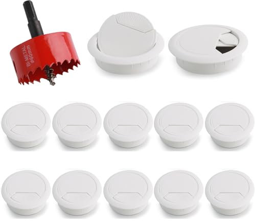 Cable Grommet Desk Diameter 60 mm, Desk Grommet, Pack of 8 White Plastic with a Red Bi-Metal Hole Saw, Cable Passage Table for More Order and Overview in the Workplace
