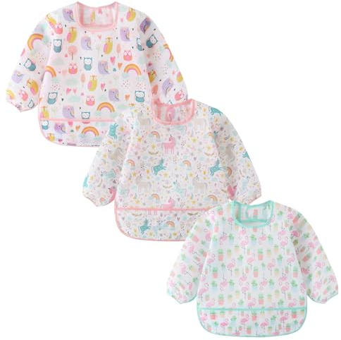 ElecMotive Long Sleeve Bibs 3 Pack Waterproof Sleeved Bib Baby Toddler Soft Bib for 6-30 Months