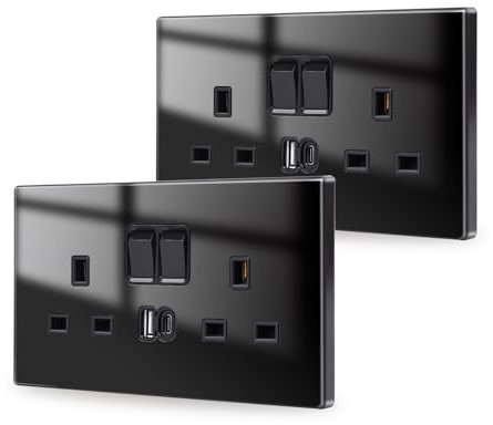 JIMEIDA 2 Pack Black Double Switched Power Socket with USB A and Type C Charging Ports 13 Amp Crystal Glass Panel Wall Outlet Electric Socket
