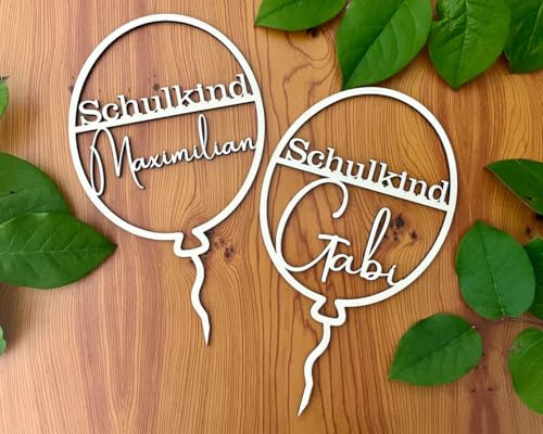 NoriKids Cake-Topper personalisiert – Schulanfang-Deko – Motiv Luftballon | Handgefertigte Tortendeko mit & ohne Namen – Tortenstecker aus Holz – personalisierte Geschenke für Einschulung
