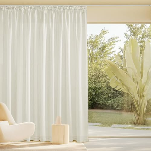 PONY DANCE Raumteiler Vorhang für Schienensystem Wohnzimmer Gardinen Leinen Boho 1er-Set H 245 x B 300 cm Leinenvorhang Halbtransparent Extra Breite Vorhänge mit Kräuselband, Elfenbeinweiß