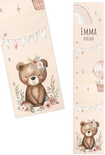 Bärenfreunde® - Personalisierte Messlatte Kind Holz zum Kleben oder Aufhängen - Skala 70-140cm - Süße Dekoration für Baby- & Kleinkinderzimmer (Kinder 70-140cm, Bär)