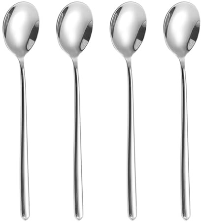 ZDFQly Soup Spoons, 304 Stainless Steel Hollow Round Handle Korean Spoons, 8.7 Inch Long Tablespoon for Coffee, Desserts, Silver, Set of 4