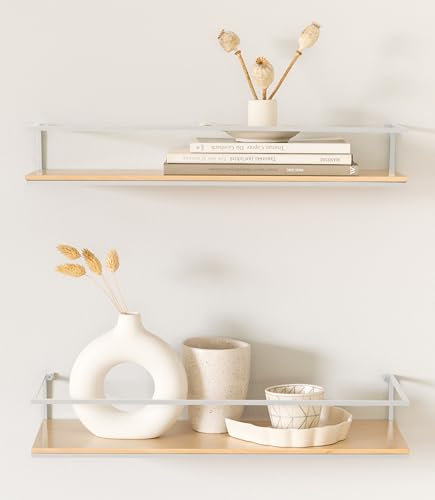 Kazai.® Wandregal-Set -STENN- | Hängeregale aus Metall und Echtholz-Veneer | Schweberegale als Ablage für Bad, Wohnzimmer, Küche, Schlafzimmer und mehr | Birke, Weiß