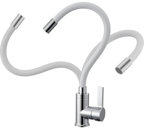 AuraLum pro Robinet Cuisine Flexible, Mitigeur Cuisine Blanc Rotative à 360°, Robinet d'Évier avec Bec Haut, Mitigeur Évier à Eau Chaude et Froide