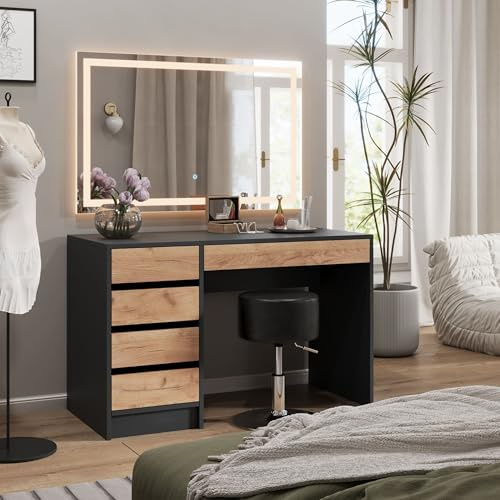 Vicco Schminktisch Sherry, Anthrazit/Goldkraft Eiche, 120 x 75 cm mit LED-Spiegel, mit LED-Beleuchtung und großem rechteckigem Spiegel