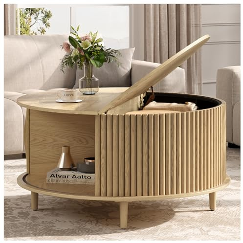 JOINICE, Mesa de centro redonda con almacenamiento, mesa de centro moderna de mediados de siglo con puerta de armario deslizante, mesa de centro para sala de estar, pequeña mesa central de 80 cm