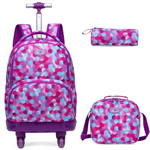 Egchescebo Zaino Scolastico con Ruote Carrello per Bambina con Ruoline Girevoli per Scuola, 18”
