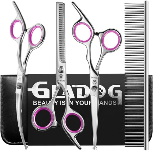 GLADOG Ciseaux Toilettage Chien 4 en 1, Ciseaux Droits Courbes Effileurs à Pointes Rondes, Acier Inoxydable 4CR, Vis Réglable, Chien et Chat, pour Visage Pattes Oreilles, Rose
