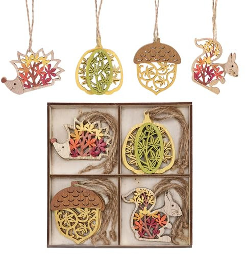 Valery Madelyn Herbstdeko Holz Anhänger Ausgehöhlte,Herbst deko zum aufhängen,Deko Hängend Kürbis Igel für Baum Fenster,mit Schnur,Geschenk für Thanksgiving Halloween (12)