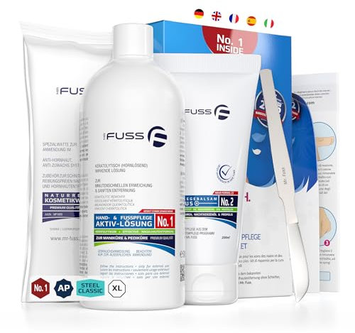 Mr. Fuss® No. 1 - Hornhautentferner Hand- und Fußpflege Set - Advanced Pack - 4 tlg. - Nagelhautentfernung - Schnell & Stark Erweichend Wirkend, Lösung, Balsam, Watte, Instrumente