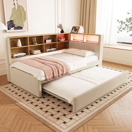 Kebnor Schlafsofa Ausziehbett 90 * 190 mit USB-Steckdose und vielen Staufächern, Polsterbett, Multifunktionsschlafsofa, Einzelbett (Beige, 90 * 200cm)
