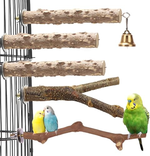 Honicemar Holz Vogelkäfig Sitzstangen Set - 5 Stück Vogelkäfig Zubehör mit Mehrzweig Sitzstange, Gerader Sitzstange für Kleine bis Mittelgroße Papageien zur Förderung von Bewegung Mentaler Gesundheit