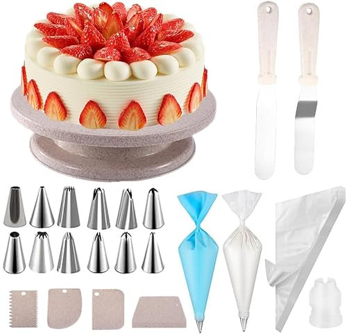 Ymopd Kit di decorazione per torte, 71 pezzi, supporto rotante per torte con cuscinetto antiscivolo, 7 punte per tubazioni e 20 sacchetti, spatola dritta e offset, set di 3 raschietti e altri