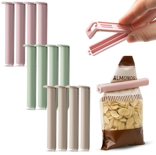 CHEFZOCO Pinzas para bolsas Alimentos, Pinzas Cierre Bolsas, Clip de Sellado Reutilizable para Cocina, clips de cierre para bolsas, Longitud 8.5 cm, Contiene pack de 12 pinzas, Colores pasteles