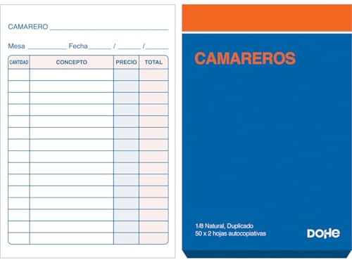 Dohe - Talonarios Camareros (10 uds.) - 50 Hojas Duplicadas (50 Hojas con 1 Copia), Tamaño A6 11x15 cm, Blocs Comanderos Hostelería, Restaurantes, Bares, Material de Oficina