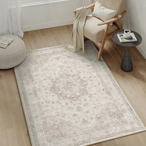PureCozy Vintage Beige Teppich Wohnzimmer 80x150cm Schlafzimmer Wohnzimmerteppich Boho Waschbarer Carpet Weich rutschfest Teppiche Esszimmer Büro Kurzflor Groß Tepich