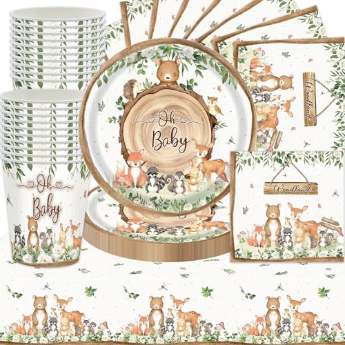Woodland Tier Geburtstag Party Geschirr Set, 61Stk Dschungel Party Dekorationen Zubehör, Wildes Tier Teller Servietten Tassen Tischdecken, Baby Dusche, Kindergeburtstag Themen