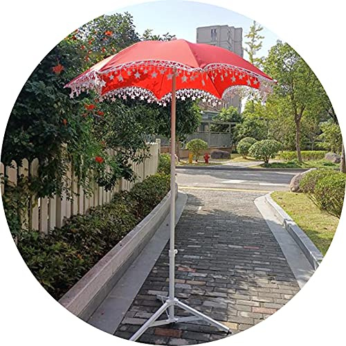 Φ1.5m Small Terrace Detachable Fringed Lace, Polyester Waterproof Sunscreen Outdoor Parasol, for Garden, Courtyard, Cafe, Beach, Red, White, with Stand