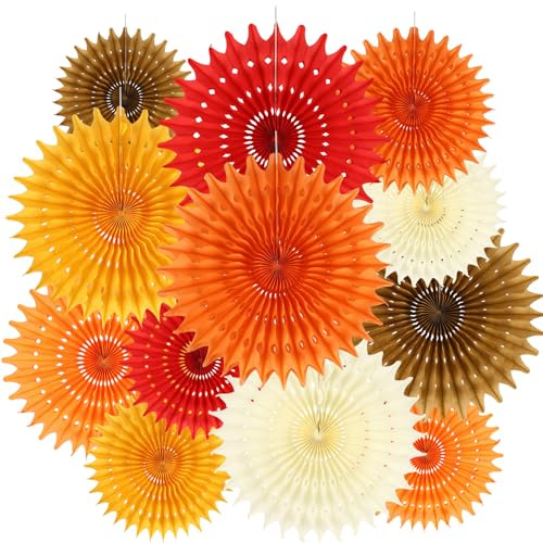 BestoFun 12 Stück Orange Papier Fächer Set Herbst Deko Beige PomPoms Tissue Blumen Rot Hängende Blumen Girlande Khaki Papier Fächer autumn Decor für Geburtstags Hochzeit Herbstdekorationen Festival