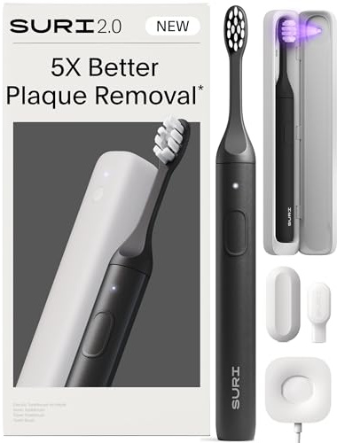 SURI 2.0 Nuevo cepillo de dientes eléctrico sónico con sensor de presión y estuche de viaje de limpieza UV | 1 mes + batería | Cepillo de dientes eléctrico para adultos | Cepillos de dientes de viaje
