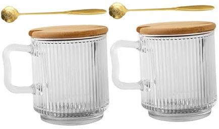 HIAKDOFT 2 juegos Tazas de Vidrio con Asa Tapa y Cuchara Vasos para Café Té y Aptos para Uso Doméstico y Exterior Diseño Antideslizante y Fácil Limpieza