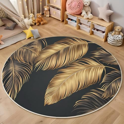 ZISTRCBAO Tappeto Rotondo Da Foglia Di Palma Dorata, Eleganza Moderna Tappeto Salotto Rotondo Pelo Corto, Oro Antiscivolo Tondo Moquette per Camera Da Letto Balcone Cortile Balcone, 100cm