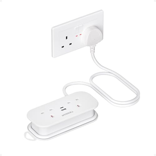TESSAN Travel Extension Lead with PD 20W USB C Fast Charger | 2 Way Plug Extension Socket Power Strip with 2 USB Ports, 1.5m Wrapped Short cable for Travel Essentials, Camping Supplies