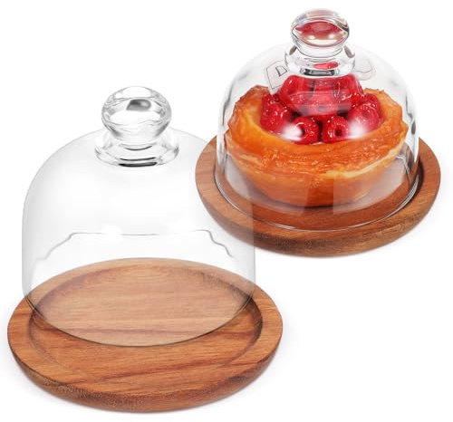 DOITOOL Présentoir à Gâteaux Beurrier En Verre Avec Cloche, Plateau En Bois D'acacia 10 Cm, Lot De 2 Pièces, Hermétique, Compact, Conservation Fraîcheur Pour Dessert Et Pâtisserie