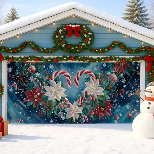 Garagentorabdeckung mit weihnachtlichem Blumenmuster, blaues Winterwunderland, Zuckerstange und Lilien-Design, Feiertagsdekoration für festliche Stimmung, 395 x 180 cm