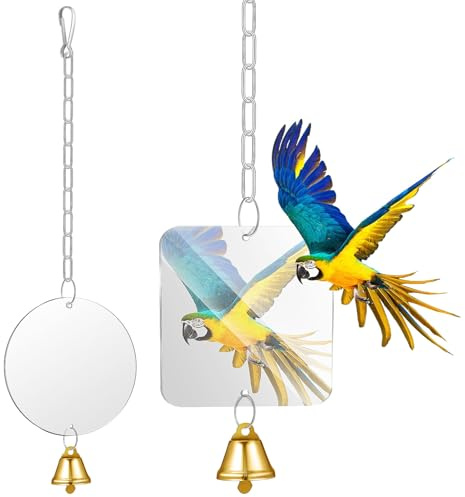 jojofuny 2 Stück Vogelschaukel Spiegel mit Glocke Spiegel für Papageien Käfig Zubehör Stabil Einfach zu Montieren Geeignet für Wellensittich Nymphensittich Sittiche und Zufällige Farbe