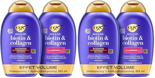 OGX - Shampooing + Après-Shampooing Biotin & Collagen Effet Volume (2 flacons de 385 ml) – Routine de soin cheveux à la biotine et au collagène – Soin capillaire pour 72h de volume (Lot de 2)