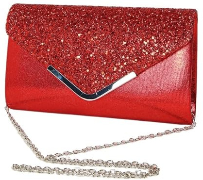 THEDAYBABY Damen-Handtasche mit Umschlag, Abschlussball, Pailletten, Clutch, Kette, Schultertasche, Umhängetasche für Party, rot, Einheitsgröße