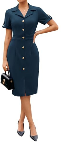 GRACE KARIN Women's Elegant Business Dress, Figure-Hugging Fit, Pencil Dress with Button Front Navy Blue M