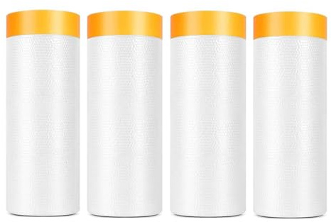 Kisizity 4 Rolls Pre-Taped Masking Film, 150cm x 20m Drop Film Pre-Taped, Masking Film Rolls with Self-Adhesive Tape, Transparent Plastic Dust Sheet Rolls for Floor, Sofa, Car and Painting