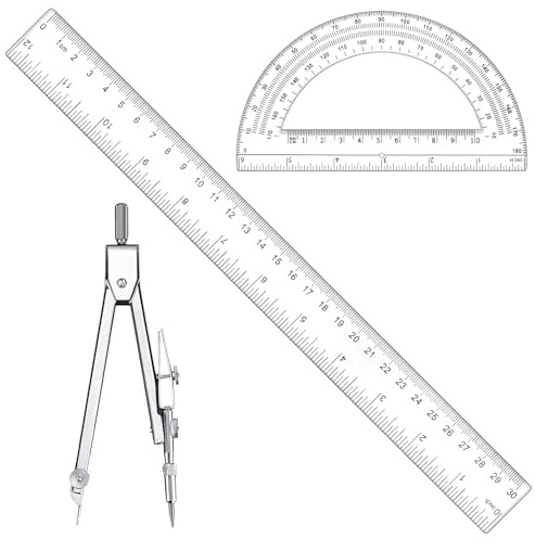 OuryTech Geometriskt set, 3 stycken cirkelset och vinkelmätare, transparent linjal och compasses set för elever, robust för skola och kontor