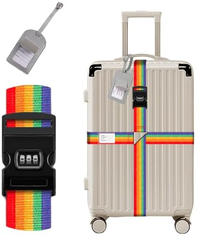 Koffergurt Mit Zahlenschloss,Verstellbare Kofferband mit Gepäckanhänger,Farbenfrohe Kreuzgurt Kofferbänder,Schnell erkennbares Gepäckband – Premium-Zubehör für Reisetaschen Verschluss.(Regenbogen)