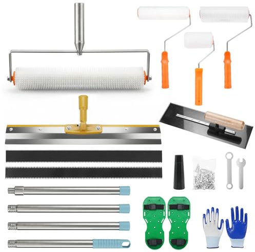 Jellybibo Spiked Roller Self Levelling Tools, Self Levelling Cement Tool Kit with Extension Pole, Epoxy Floor Leveling Construction Tool Roller, Scraper, Trowel, Spike Shoes, Paint Rollers