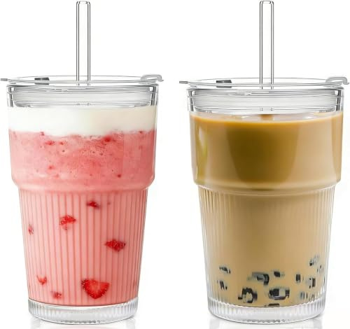 ALINK 2 Pack 16 oz Ribbed Glass Tumblers with Lids and Straws Glassware Cups Set, Thickened Glass, Ideal for Iced Coffee, Smoothies, Cocktails,Juices