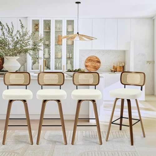 Bekrvio Ensemble de 4 tabourets de bar pivotants, hauteur d'assise 65 cm avec dossier, en similicuir PU et 4 pieds en bois de noyer, chaise de comptoir mid-century avec repose-pieds en métal, chaise
