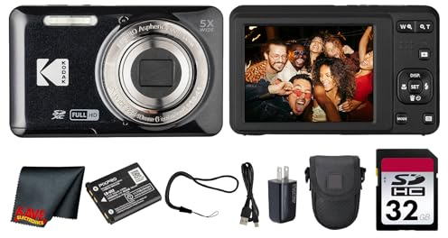 Kodak PIXPRO FZ55 Digital Camera (Black) | 16MP Sensor, 5X Optical Zoom, 28mm Wide-Angle Lens & Full HD Video | Great for Travel & Beginner Photography (FZ55BK) + 32GB Card + Case + Cleaning Cloth