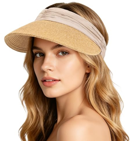AYPOW Sombrero de Paja para Mujer, Sombrero de Sol de con ala Visera Ancha UV Protección, Plegable Ligero Transpirable Sombrero de Playa Verano para Viajes y Vacaciones