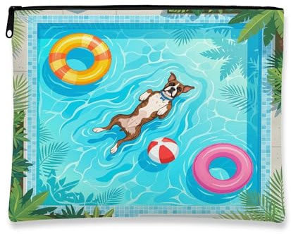 Boxer Dog Makeup Bag, Cute Pool Lifebuoys Tropical Printed Cosmetic Travel Pouch for Women, Pet Portable Small Canvas Zipper Organizer 7x9 Inch