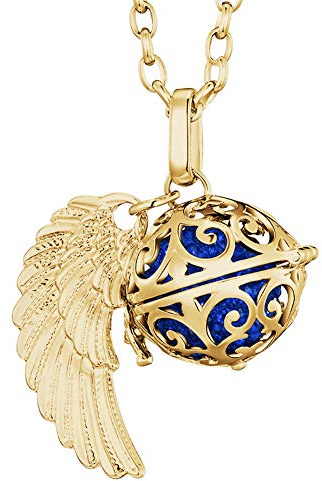Morella collar ángel de la guarda de acero inoxidable oro 70 cm con colgante alas de ángel y bola de resonancia de circonita de color azul 16 mm para damas en bolsa para joyas